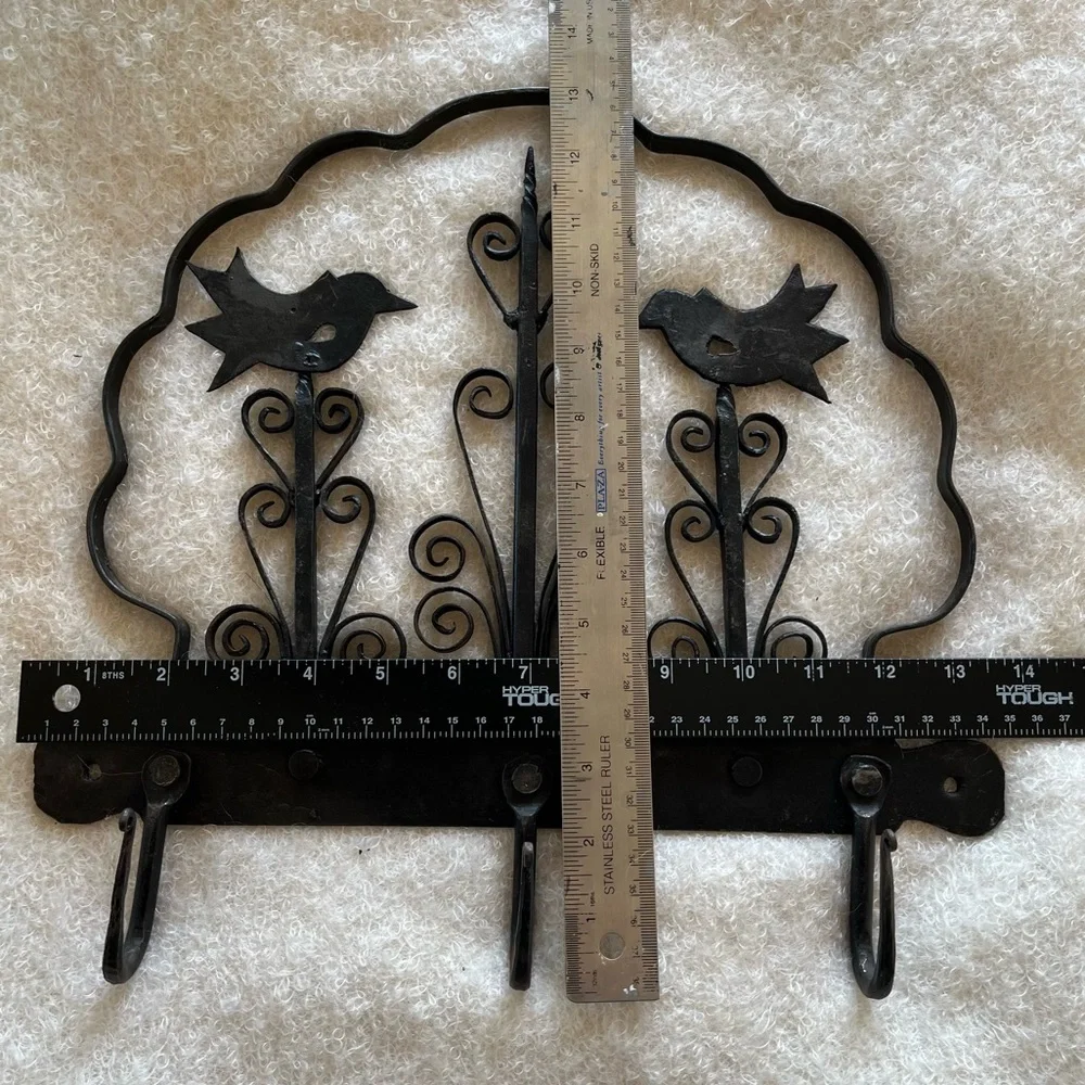 Vintage ?Antique Forged Iron Rack Hand Wrought Primitive Hanging Hooks w Birds